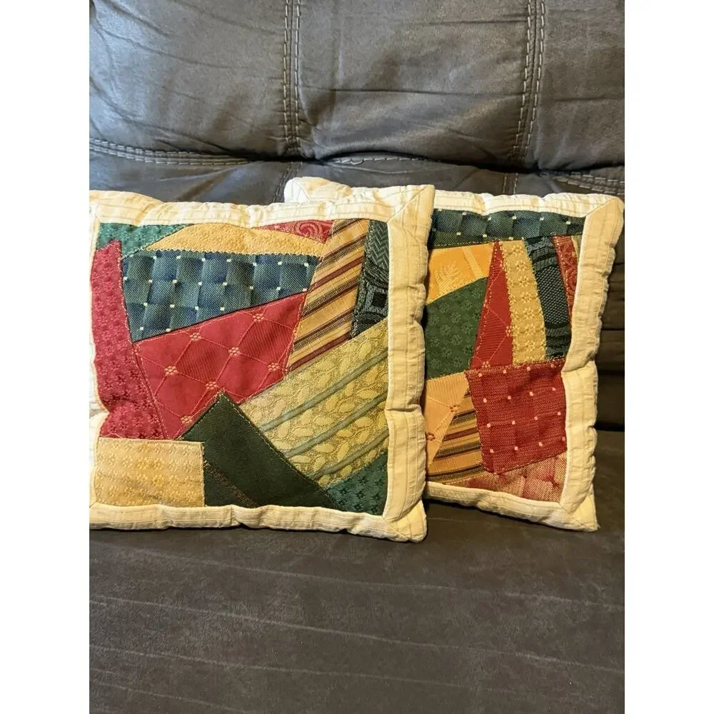 Set of 2 Handmade Crazy Quilt Patchwork Throw Pillows 10x10” VTG